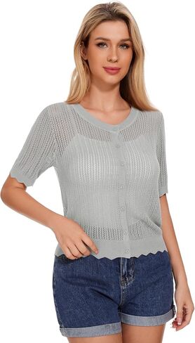 Women's Short Sleeve Summer Hollow Out Crew Neck Button Down Cardigan Sweater in Saudi Arabia