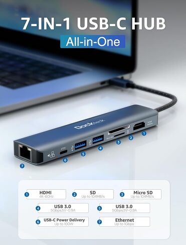 USB C Hub Multiport Adapter, dockteck 7-in-1 USB-C Hub with 4K 60Hz, 1Gbps Ethernet, 100W Power Delivery, SD/TF Card Slots, USB 3.0 5Gbps Data Ports, for MacBook Pro, MacBook Air, iPad Pro, XPS in Saudi Arabia