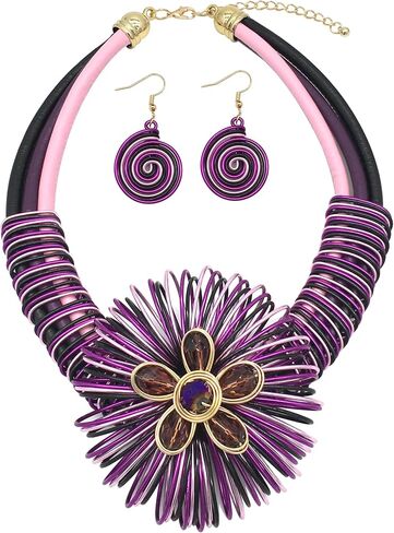 RUIYIMING Statement African Necklace For Women African Jewelry Costume Earring Sets Tribal Fashion Colorful Big Rhinestone Crystal Pendent Collar Choker Bold Chunky Bib Handmade（color） in Kuwait