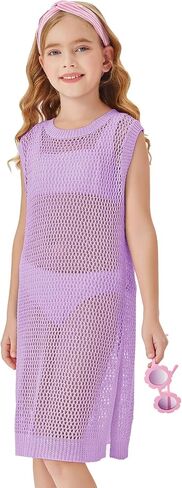 Batermoon Girls Hollow Out Backless Swimsuit Cover Up Crochet Beach Dress with Side Slit 4-14 Years in Saudi Arabia