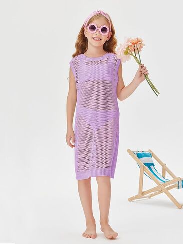 Batermoon Girls Hollow Out Backless Swimsuit Cover Up Crochet Beach Dress with Side Slit 4-14 Years in Saudi Arabia