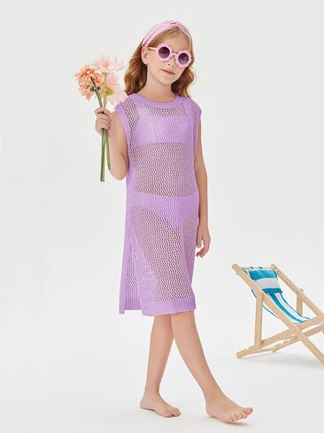 Batermoon Girls Hollow Out Backless Swimsuit Cover Up Crochet Beach Dress with Side Slit 4-14 Years in Saudi Arabia