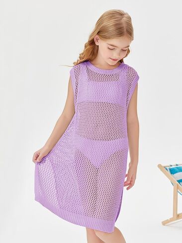 Batermoon Girls Hollow Out Backless Swimsuit Cover Up Crochet Beach Dress with Side Slit 4-14 Years in Saudi Arabia