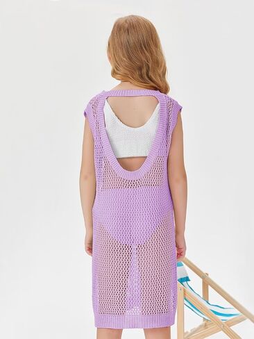 Batermoon Girls Hollow Out Backless Swimsuit Cover Up Crochet Beach Dress with Side Slit 4-14 Years in Saudi Arabia