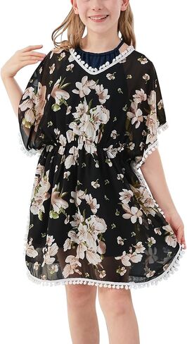 ملابس سباحة غير رسمية للفتيات من GORLYA أغطية شرابة للاستحمام من الشيفون ملابس سباحة للشاطئ مع زخرفة بوم بوم in Kuwait