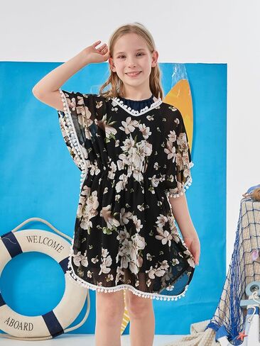 ملابس سباحة غير رسمية للفتيات من GORLYA أغطية شرابة للاستحمام من الشيفون ملابس سباحة للشاطئ مع زخرفة بوم بوم in Kuwait