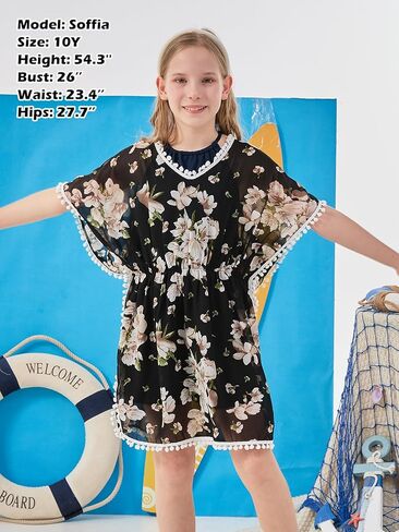 ملابس سباحة غير رسمية للفتيات من GORLYA أغطية شرابة للاستحمام من الشيفون ملابس سباحة للشاطئ مع زخرفة بوم بوم in Kuwait