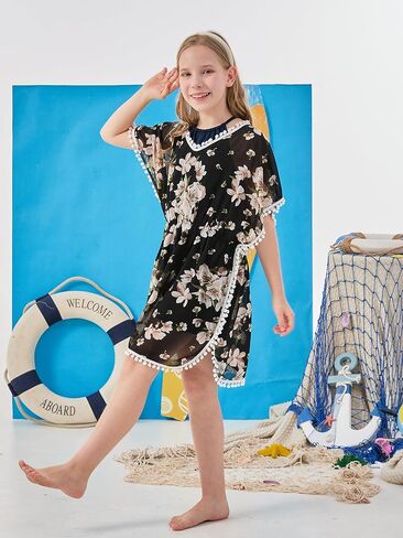 ملابس سباحة غير رسمية للفتيات من GORLYA أغطية شرابة للاستحمام من الشيفون ملابس سباحة للشاطئ مع زخرفة بوم بوم in Kuwait