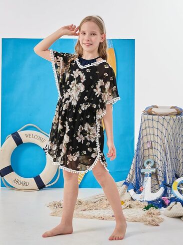 ملابس سباحة غير رسمية للفتيات من GORLYA أغطية شرابة للاستحمام من الشيفون ملابس سباحة للشاطئ مع زخرفة بوم بوم in Kuwait