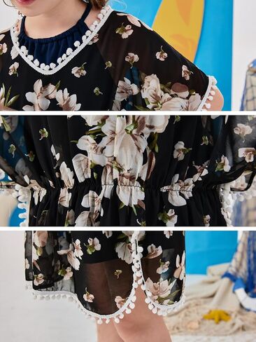 ملابس سباحة غير رسمية للفتيات من GORLYA أغطية شرابة للاستحمام من الشيفون ملابس سباحة للشاطئ مع زخرفة بوم بوم in Kuwait