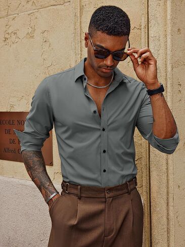 PJ PAUL JONES Mens Long Sleeve Button Down Shirts Wrinkle Free Stretch Untucked Dress Shirts Business Casual Shirt in Saudi Arabia
