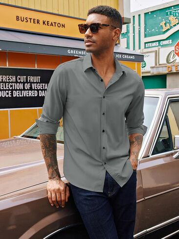 PJ PAUL JONES Mens Long Sleeve Button Down Shirts Wrinkle Free Stretch Untucked Dress Shirts Business Casual Shirt in Saudi Arabia