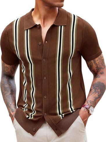 Runcati Mens Knit Polo Shirts Striped Vintage Short Sleeve Shirt Button Down Casual Slim Fit Sweater in Saudi Arabia