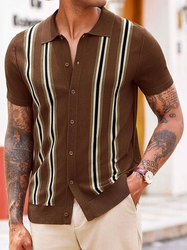 Runcati Mens Knit Polo Shirts Striped Vintage Short Sleeve Shirt Button Down Casual Slim Fit Sweater in Saudi Arabia