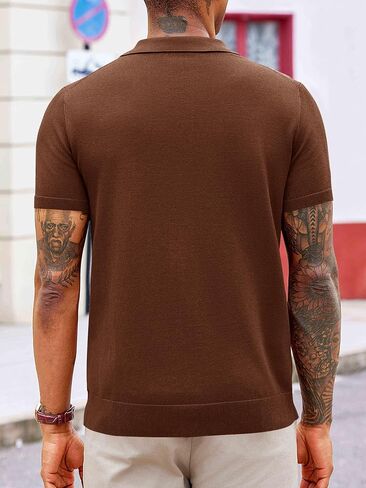 Runcati Mens Knit Polo Shirts Striped Vintage Short Sleeve Shirt Button Down Casual Slim Fit Sweater in Saudi Arabia