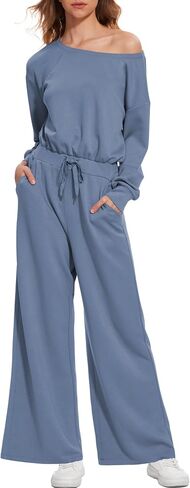 Women's Jumpsuits Dressy Casual Off Shoulder Long Sleeve Wide Leg Pants Romper One Piece Outfits with Pockets in Saudi Arabia