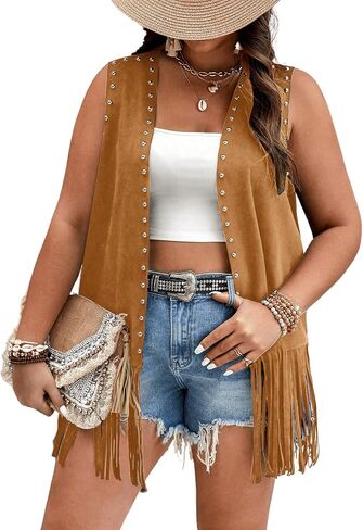 Verdusa Women's Plus Size Fringe Vest Faux Suede Rivets Sleeveless Tassel Jacket in Saudi Arabia
