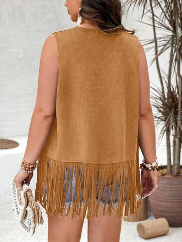 Verdusa Women's Plus Size Fringe Vest Faux Suede Rivets Sleeveless Tassel Jacket in Saudi Arabia