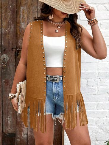 Verdusa Women's Plus Size Fringe Vest Faux Suede Rivets Sleeveless Tassel Jacket in Saudi Arabia