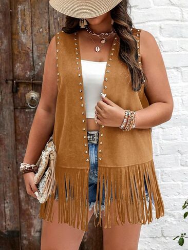Verdusa Women's Plus Size Fringe Vest Faux Suede Rivets Sleeveless Tassel Jacket in Saudi Arabia