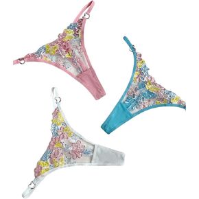 SHENHE Women's 3 Pack Floral Embroidered Sheer G String Thongs Sexy Low Rise Mesh Panties