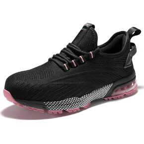 SPIEZ Safety Shoes for Women,Lightweight Non Slip Work Shoes,Air Cushion Safety Sneakers for Work and Daily Wear Black/Pink US 5-9.5