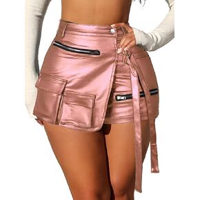 KANSOON Women's Metallic Faux Leather Skorts High Waist Shiny Sexy Rave Shorts Asymmetrical Cargo Skirt Shorts