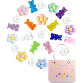23PCS Rubber Beach Bag Charms,Rubber Beach Totes Accessories Inserts,Flower Bear Charms