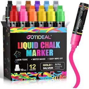GOTIDEAL Window Markers, Jumbo Chalk Markers for Blackboard, Washable Car Markers for Chalkboard Glass Mirrow,10mm Thick Tip12 Colors With Metallic Colors
