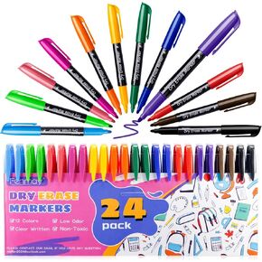 Dry Erase Markers Fine Tip, 24 Pack, 12 Assorted Colors, Fine Point Whiteboard Markers for Kids & Adults, Low Odor Thin Dry Erase Pens Bulk Colorful, School Office Home Supplies