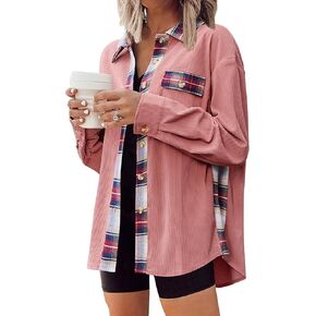 Zeagoo Womens Corduroy Flannel Shacket Jacket Casual Plaid Button Down Shirts Long Sleeve Fall Tops with Pockets