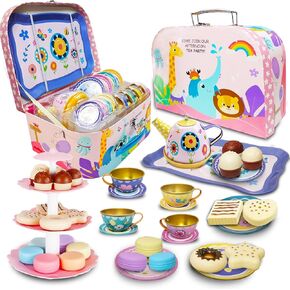 Hummigoo Tea Set for Little Girls, 39PCS Pretend Tea Party Set for Kids Age 3 4 5 6 7 8 9, Kids Kitchen Pretend Play Tin Tea Set with Carrying Case and Food Dessert Playset for Girls Princess Boys