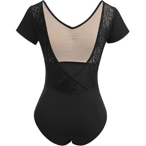 AFAVOM Dance Leotards for Women Short Sleeve Lace Ballet Leotards Mesh Lace Wrap V-backless Bodysuit Gymnastics Leotards Tops