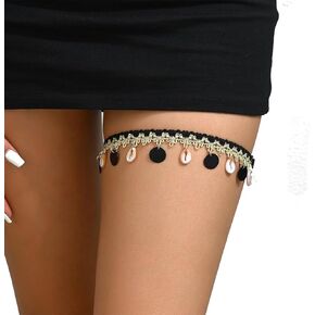 Adjustable Leg Garter Belt Elastic Thigh Garters with Shells Black Boho Leg Chain for Women Parties
