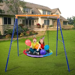 Lunafun Swing Set, 440lbs Swing with Heavy-Duty A-Frame Metal Outdoor Swing Stand,1 Saucer Swing Seat & 1 Trapeze Swing Bar Rings for Playground, Backyard Pink