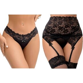 ohyeah Sexy Black Cheeky Lace Cotton Liner G-string Thongs Panites Garter Belt Lingerie Set for Women, XS-S