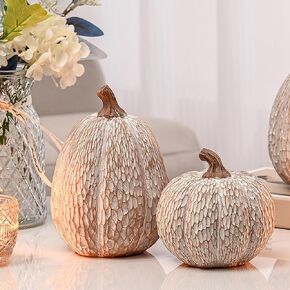 Artificial Pumpkin Decor, Brown and White Decorative Pumpkins, Thanksgiving Resin Pumpkin Figurine Set of 2, Carved Pumpkin Statues for Rustic Fall Tabletop Home Decor, Harvest, Wedding