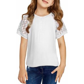 Girls Fashion Lace Short Sleeve Shirts Casual Button Crewneck Blouses Tops 6-15 Years