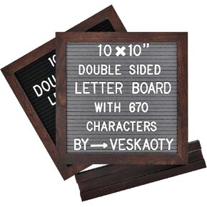 Double Sided Felt Letter Board with 670 Letters, Numbers & Symbols - 10 x 10 inch Changeable Message Board with Wooden Base, (Black & Gray Board & Wood Frame)