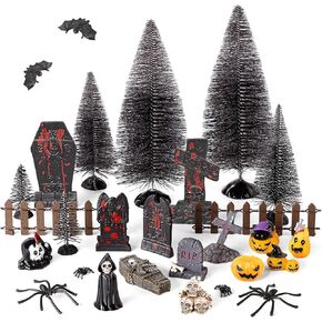 Halloween Village Ornaments Accessories Miniatures Include Pumpkins Skeletons Scary Dead Warlock Tombstones Coffin Spiders Pine Trees Fence Figurines for Hallowmas Party Decor