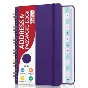 Address Book with Alphabetical Tabs, Hardcover Phone Book Password Keeper with Spiral Binding, Address Books for Seniors, Record Internet Logins, Coloring Pages - 5.7" × 7.7" (Purple)