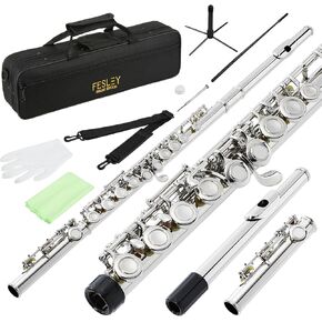 Fesley C Flutes Closed Hole, 16 Keys Flute Instrument, Student Flute for Beginners Kids, Beginner Flute with Cleaning Kit, Case, Stand, Joint Grease, Tuning Rod, Gloves, Nickel