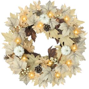 Fall Wreath with Lights, 22" Fall Wreaths for Front Door with Pumpkins Fall Leaves Berries Pine Cones,Autumn Wreath Fall Decorations Thanksgiving Halloween Decorations Indoor for Wall Door Frame