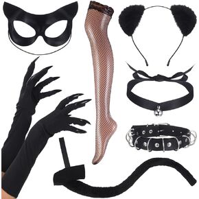 7 Pack Black Cat Costume Accessories Claw Gloves Cat Mask Ears Headband Tail Cat Collar Choker Necklace Stockings for Women Halloween Cosplay Party