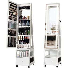 360° Swivel Jewelry Armoire with Full Length Mirror, Jewelry Armoire with Led, Inside Makeup Mirror, Jewelry Organizer, Drawer, 3-Shelfves, Lockable Standing Jewelry Cabinet for Bedroom in Saudi Arabia