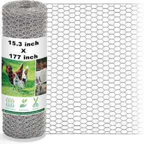 Chicken Wire Fencing Mesh, 15.3 x 177 Inches Metal Floral Chicken Wire Fence for Crafts Poultry Garden, Hexagonal Galvanized Hardware Cloth Netting for Chicken Coop Barrier Rabbit Cage