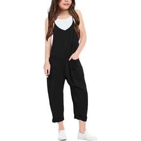 Girls’ Summer Sleeveless Jumpsuits Kids Casual Spaghetti Strap Cotton Long Pants Rompers