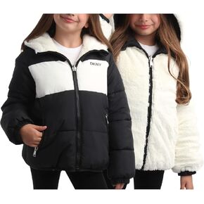 DKNY Girl's Puffer Jacket - Cozy Full Zip Up Girls Fashion Hoodie - Reversible Fur Hooded Puffer Jacket for Girls (7-16)