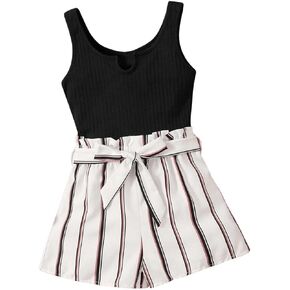 OYOANGLE Girl's Sleeveless Notch Neck Belted Rompers Striped Print Rib Knit Short Jumpsuits