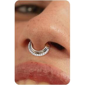 BodyBonita 16G Septum Rings Jewelry - Cubic Zirconia Luxe 316L Stainless Steel Hinged Nose Rings Hoops for Women Conch Piercing Jewelry Tragus Daith Helix Cartilage Hoop Earring 14K Gold Plated/Silver 8mm/10mm
